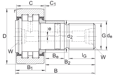 螺栓型滾輪 PWKRE52-2RS, 軸向引導(dǎo)，滿裝圓柱滾子，帶偏心擋圈，兩側(cè)唇密封
