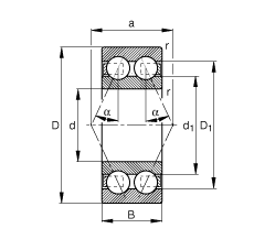 角接觸球軸承 3002-B-TVH, 雙列，接觸角 α = 25°